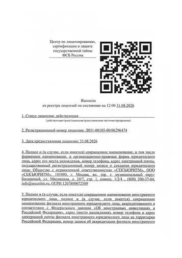 Выписка из реестра лицензий ФСБ